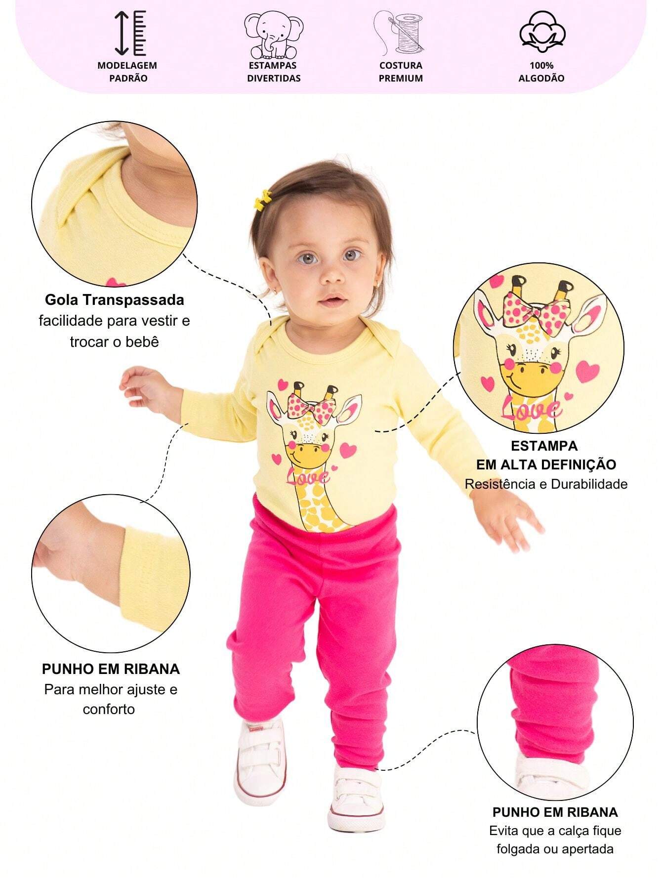|BabyGirl| Kit Body e Calça Bebê 3 Peças – Manga Longa