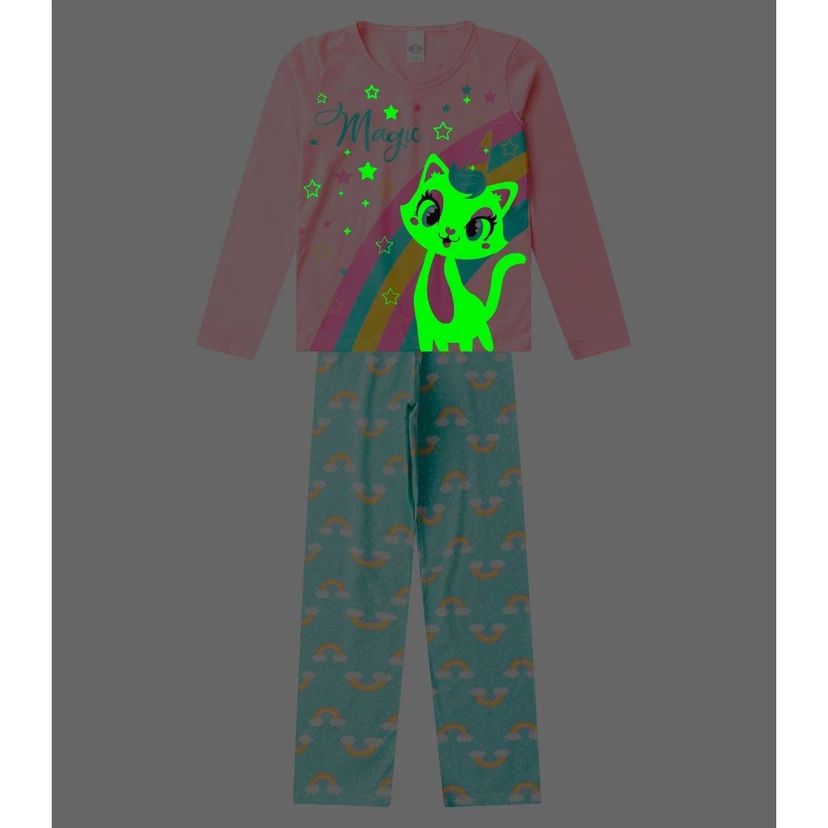 Conjunto de Pijama Feminino manga longa que brilha no escuro! Veste do 10 ao 14